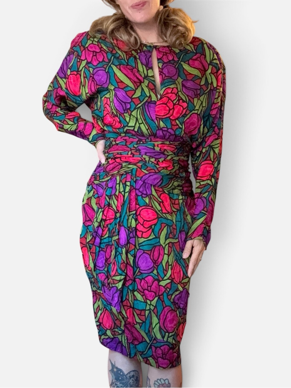 80s A.J. Bari Pink & Purple Floral Tulip Stained Glass Long Sleeve Sheath Dress